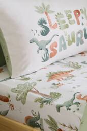 Catherine Lansfield 'Brushed Sleepy Saurus Dino' Cotton Fitted Sheet in Cream - Size: Junior - thumbnail 1