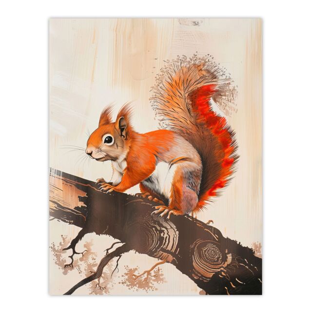 "Artery8 Red Squirrel on Tree Branch Painting Drawing Wall Art Print in Brown - Size: W24"" x H32""" - image 1