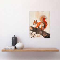 "Artery8 Red Squirrel on Tree Branch Painting Drawing Wall Art Print in Brown - Size: W24"" x H32""" - thumbnail 4