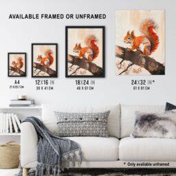 "Artery8 Red Squirrel on Tree Branch Painting Drawing Wall Art Print in Brown - Size: W24"" x H32""" - thumbnail 3