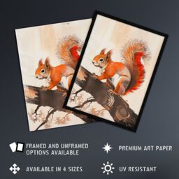 "Artery8 Red Squirrel on Tree Branch Painting Drawing Wall Art Print in Brown - Size: W24"" x H32""" - thumbnail 2