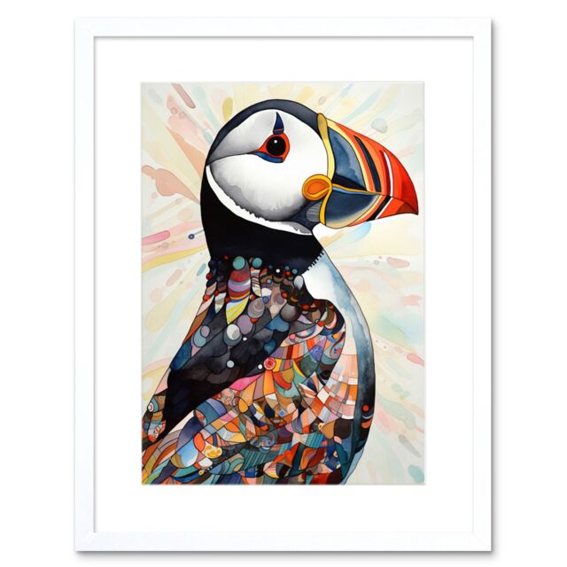 "Artery8 Wall Art Print Multicolour Pattern Feather Puffin Bird Folk Artwork Framed 9X7 Inch in White - Size: W7"" x H9""" - image 1