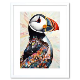 "Artery8 Wall Art Print Multicolour Pattern Feather Puffin Bird Folk Artwork Framed 9X7 Inch in White - Size: W7"" x H9""" - thumbnail 1