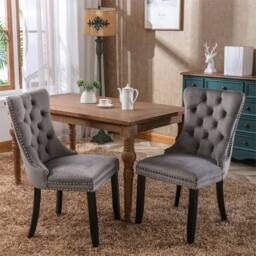 Modern Home Touch Romsey Set of 4 Velvet Upholstered Dining Chairs with Oak Legs & Knocker Ring Back in Grey - Size: 4 Pack - thumbnail 3