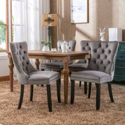 Modern Home Touch Romsey Set of 4 Velvet Upholstered Dining Chairs with Oak Legs & Knocker Ring Back in Grey - Size: 4 Pack
