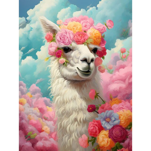 "Artery8 Wall Art Print Head in the Clouds Conceptual Artwork Fabulous Carefree Llama with Rose Flower Headband Kids Room Poster - Size: W12"" x H16""" - image 1