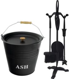 Almineez Set 5 Piece Fireside Companion Tool Set With 12L Ash Bucket in Black