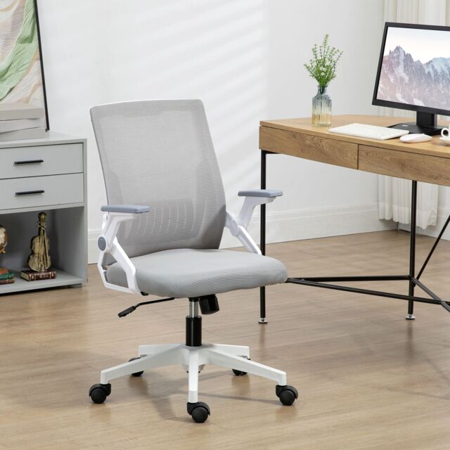 VINSETTO Mesh Office Chair with Lumbar Support, Flip-up Arm, Wheels, Grey - image 1