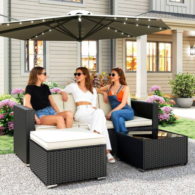 OUTSUNNY Garden Furniture Set w/ Padded Cushions Corner Sofa Set, Black