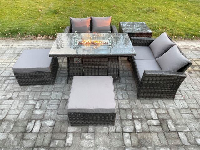 Fimous 6 Seater Rattan Garden Furniture Set Outdoor Lounge Sofa Chair Gas Fire Pit Dining Table Set With 2 Big Footstool Double Seat Sofa Side Table - image 1