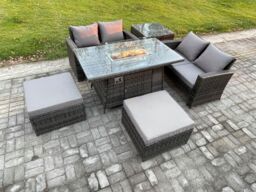 Fimous 6 Seater Rattan Garden Furniture Set Outdoor Lounge Sofa Chair Gas Fire Pit Dining Table Set With 2 Big Footstool Double Seat Sofa Side Table - thumbnail 2