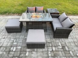 Fimous 6 Seater Rattan Garden Furniture Set Outdoor Lounge Sofa Chair Gas Fire Pit Dining Table Set With 2 Big Footstool Double Seat Sofa Side Table - thumbnail 1