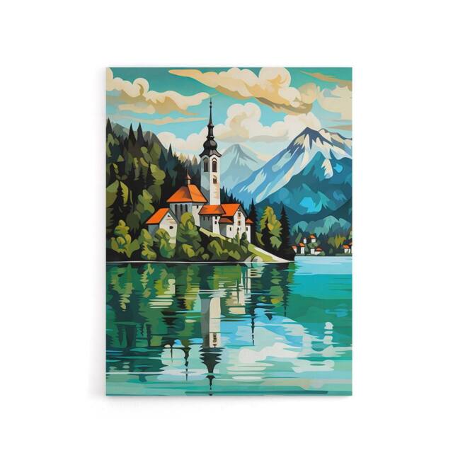 "Artery8 Church on Lake Bled Slovenia Island Canvas Wall Art Print in Blue - Size: W18"" x H24""" - image 1