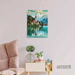 "Artery8 Church on Lake Bled Slovenia Island Canvas Wall Art Print in Blue - Size: W18"" x H24""" - thumbnail 3
