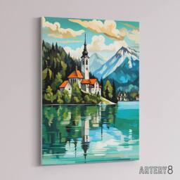 "Artery8 Church on Lake Bled Slovenia Island Canvas Wall Art Print in Blue - Size: W18"" x H24""" - thumbnail 2