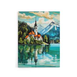 "Artery8 Church on Lake Bled Slovenia Island Canvas Wall Art Print in Blue - Size: W18"" x H24""" - thumbnail 1