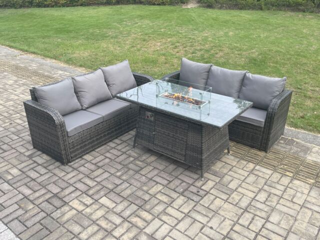 Fimous Rattan Garden Furniture Set with Fire Pit Table 3 Pieces Outdoor Lounge Sofa Set Dark Grey Mixed - image 1