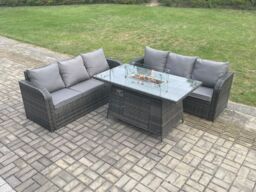 Fimous Rattan Garden Furniture Set with Fire Pit Table 3 Pieces Outdoor Lounge Sofa Set Dark Grey Mixed - thumbnail 1