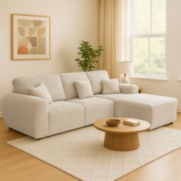 Furnishings For Less UK Vinci Chunky Cord Soft 4 Seater Corner Sofa Right Hand Facing Grey or Cream in Ivory
