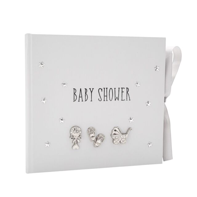 Happy Homewares Baby Shower Photo Album with Silver Plated Rattle Pram & Booties in Grey - image 1