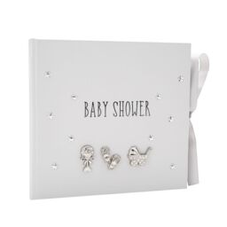 Happy Homewares Baby Shower Photo Album with Silver Plated Rattle Pram & Booties in Grey - thumbnail 1
