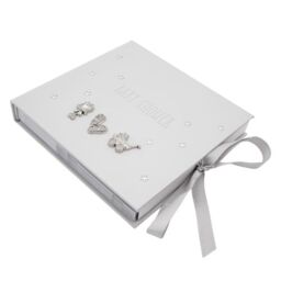 Happy Homewares Baby Shower Photo Album with Silver Plated Rattle Pram & Booties in Grey - thumbnail 2