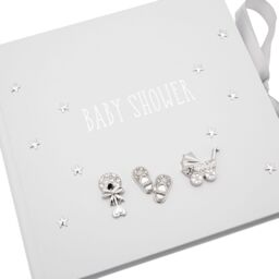 Happy Homewares Baby Shower Photo Album with Silver Plated Rattle Pram & Booties in Grey - thumbnail 3