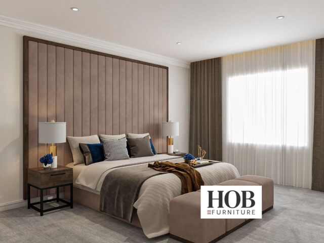 HOB Furniture Denver Linear Bed - Bed With Bedside Table & Footstool, Luxury French Velvet, Turmeric in Brown - Size: King