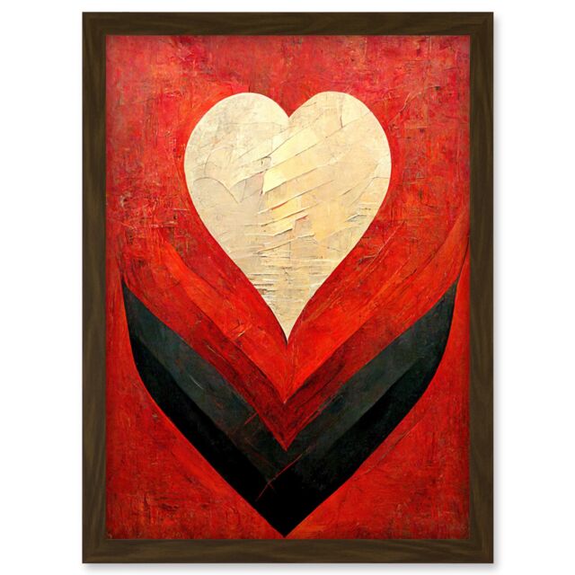 Artery8 Modern Palette Knife Oil Paint Heart Red Abstract Artwork Framed Wall Art Print A4 in Brown - image 1