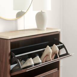 FurnitureboxUK Penrose Walnut & Cream Marble Effect Shoe Storage Cabinet - thumbnail 4