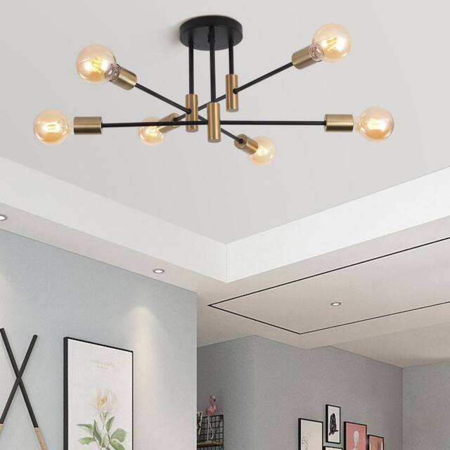 NIVOR 6 light Industrial Chandelier Mid Century Flush Mount Ceiling Light in Metallic Gold - image 1