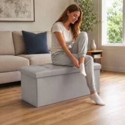 KORVIXA Light Grey Faux Leather Foldable Storage Ottoman 76×37×37cm - Size: 100 cm x 100 cm - thumbnail 4