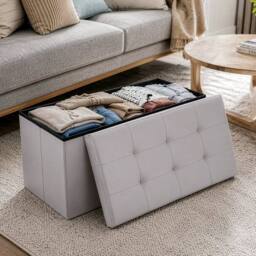 KORVIXA Light Grey Faux Leather Foldable Storage Ottoman 76×37×37cm - Size: 100 cm x 100 cm - thumbnail 3