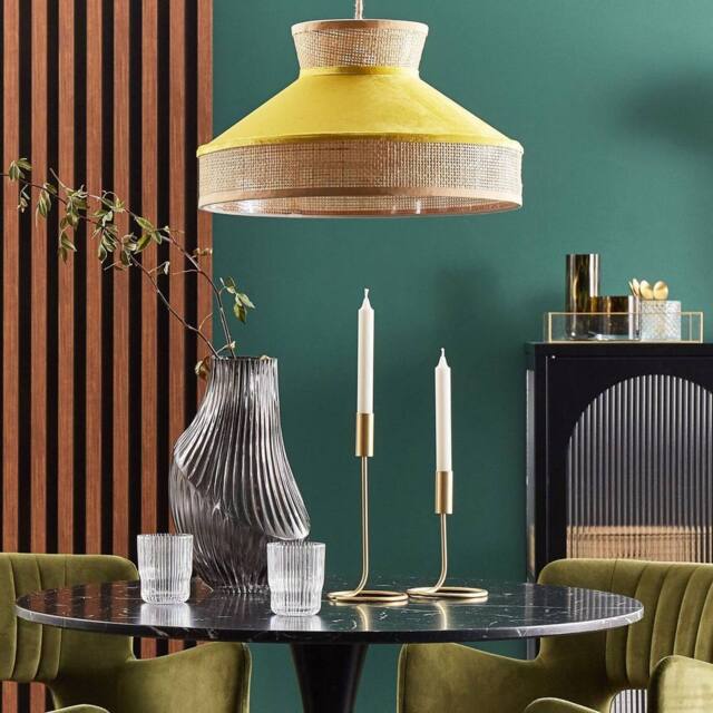 Wyld and Coco Boho Rattan Pendant Lamp with Yellow Velvet Shade in Natural - image 1