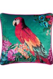 Laurence Llewelyn-Bowen 'Polly Amorous' Parrot & Floral Print Soft Touch Velvet Filled Cushion in Teal - Size: 43 cm x 43 cm - thumbnail 2