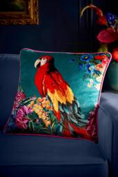 Laurence Llewelyn-Bowen 'Polly Amorous' Parrot & Floral Print Soft Touch Velvet Filled Cushion in Teal - Size: 43 cm x 43 cm