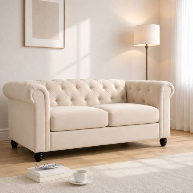 Sofaya Hampton 2 Seater Chesterfield Sofa Velvet Cushion Couch in Cream - image 1
