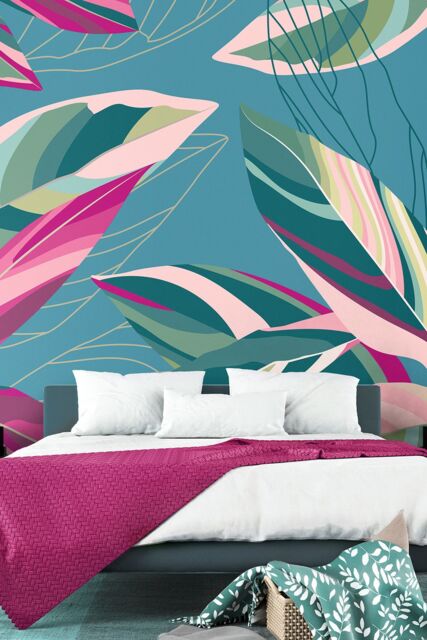 Origin Murals Botanical Calathea Leaves Wall Mural in Blue - Size: W350 cm x H280 cm - image 1