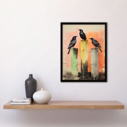 Artery8 Wall Art Print Three Crows Sitting on a Pier Pink Green Yellow Framed in Beige - Size: A4 - thumbnail 4