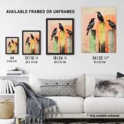 Artery8 Wall Art Print Three Crows Sitting on a Pier Pink Green Yellow Framed in Beige - Size: A4 - thumbnail 3