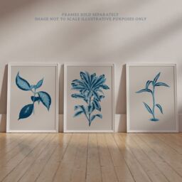 Artery8 Wall Art Print Pack of 3 A4 Modern Audubon Style Blue on Beige Detailed Leafy Plant Botanical Living Room s Set - thumbnail 6