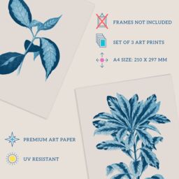 Artery8 Wall Art Print Pack of 3 A4 Modern Audubon Style Blue on Beige Detailed Leafy Plant Botanical Living Room s Set - thumbnail 4