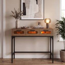 Gymax Console Table 90 CM Entryway Table With LED Lights Outlets USB Ports in Khaki - thumbnail 8