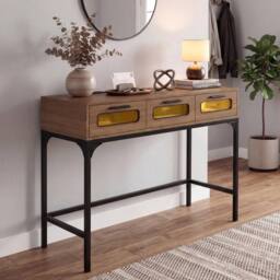 Gymax Console Table 90 CM Entryway Table With LED Lights Outlets USB Ports in Khaki - thumbnail 9