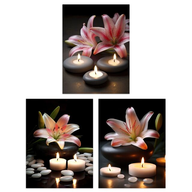 Artery8 Wall Art Print Set of 3 Lilies with Zen Stones & Candles Tranquil Spa Atmosphere Photographs Bathroom Decor Living Room Poster s Pack - image 1