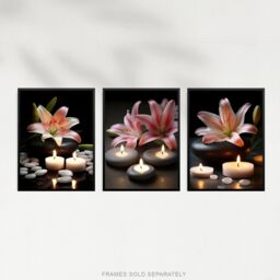 Artery8 Wall Art Print Set of 3 Lilies with Zen Stones & Candles Tranquil Spa Atmosphere Photographs Bathroom Decor Living Room Poster s Pack - thumbnail 5