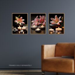 Artery8 Wall Art Print Set of 3 Lilies with Zen Stones & Candles Tranquil Spa Atmosphere Photographs Bathroom Decor Living Room Poster s Pack - thumbnail 2