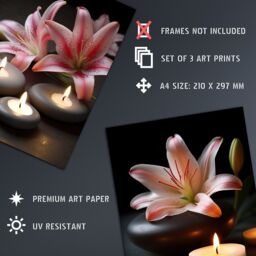 Artery8 Wall Art Print Set of 3 Lilies with Zen Stones & Candles Tranquil Spa Atmosphere Photographs Bathroom Decor Living Room Poster s Pack - thumbnail 4