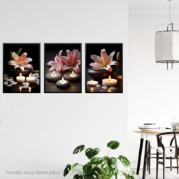 Artery8 Wall Art Print Set of 3 Lilies with Zen Stones & Candles Tranquil Spa Atmosphere Photographs Bathroom Decor Living Room Poster s Pack - thumbnail 3