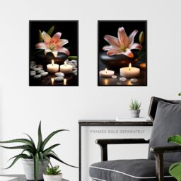 Artery8 Wall Art Print Set of 3 Lilies with Zen Stones & Candles Tranquil Spa Atmosphere Photographs Bathroom Decor Living Room Poster s Pack - thumbnail 6
